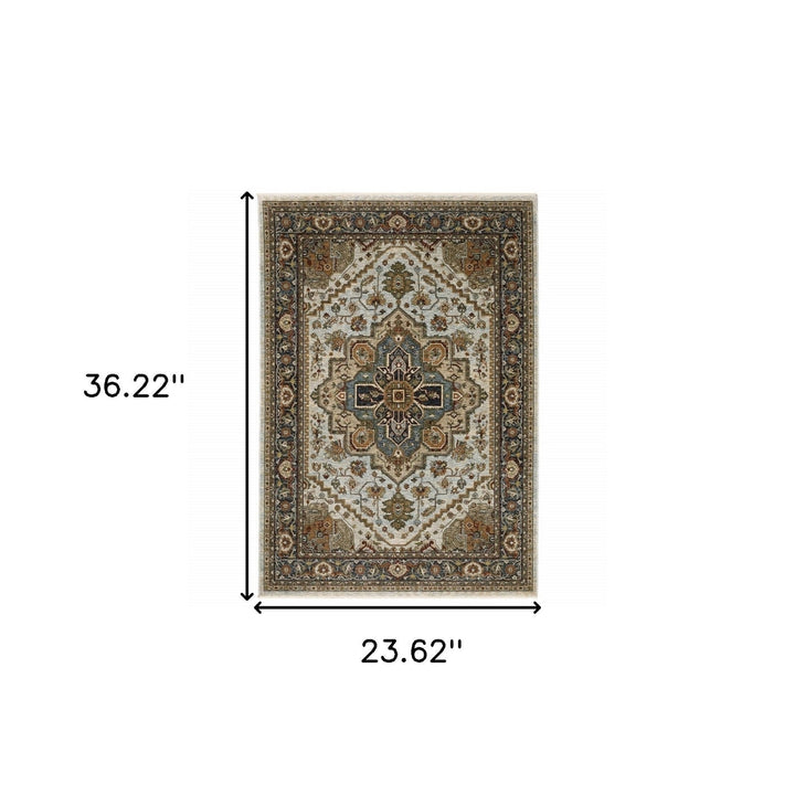 2 X 3 Ivory Beige Blue Orange Gold Green Grey And Rust Oriental Power Loom Stain Resistant Area Rug With Fringe Image 11