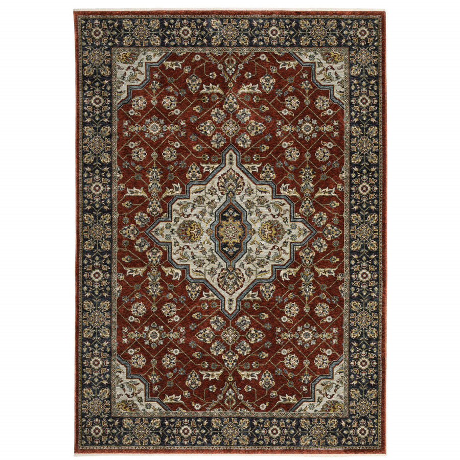 2 X 3 Red Ivory Blue Navy Gold And Grey Oriental Power Loom Stain Resistant Area Rug With Fringe Image 1