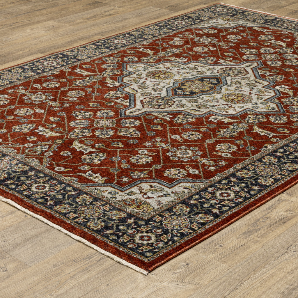 2 X 3 Red Ivory Blue Navy Gold And Grey Oriental Power Loom Stain Resistant Area Rug With Fringe Image 5