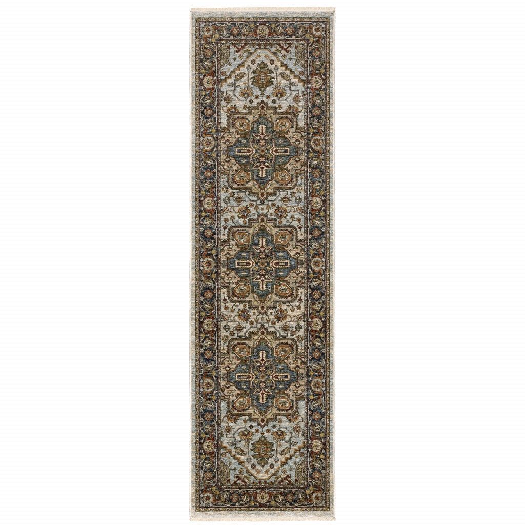 2 X 8 Ivory Beige Blue Orange Gold Green Grey And Rust Oriental Power Loom Stain Resistant Runner Rug With Fringe Image 1