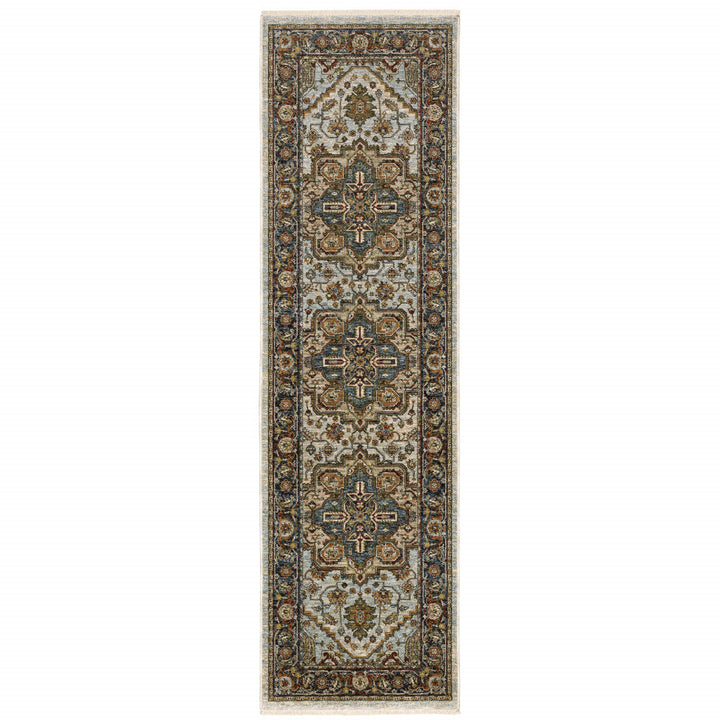 2 X 8 Ivory Beige Blue Orange Gold Green Grey And Rust Oriental Power Loom Stain Resistant Runner Rug With Fringe Image 1