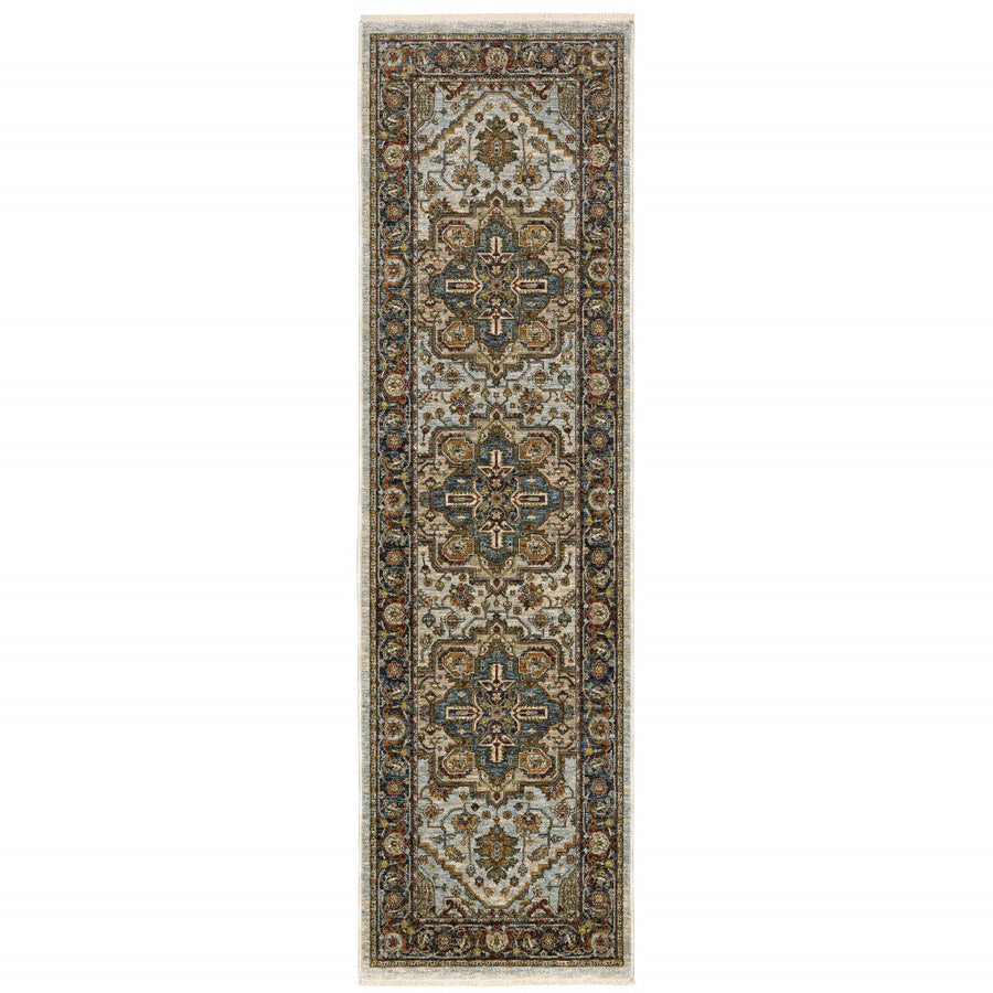 2 X 8 Ivory Beige Blue Orange Gold Green Grey And Rust Oriental Power Loom Stain Resistant Runner Rug With Fringe Image 1