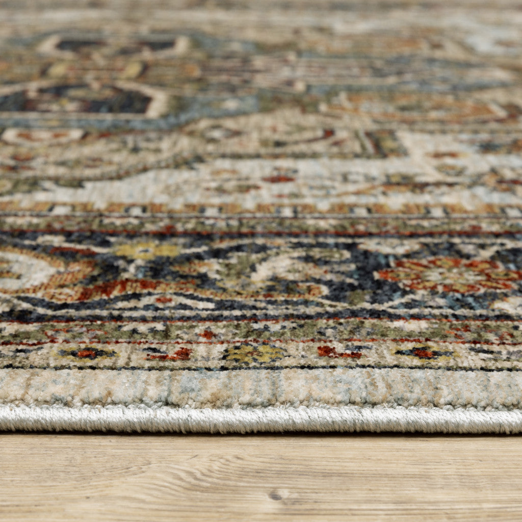 2 X 8 Ivory Beige Blue Orange Gold Green Grey And Rust Oriental Power Loom Stain Resistant Runner Rug With Fringe Image 3