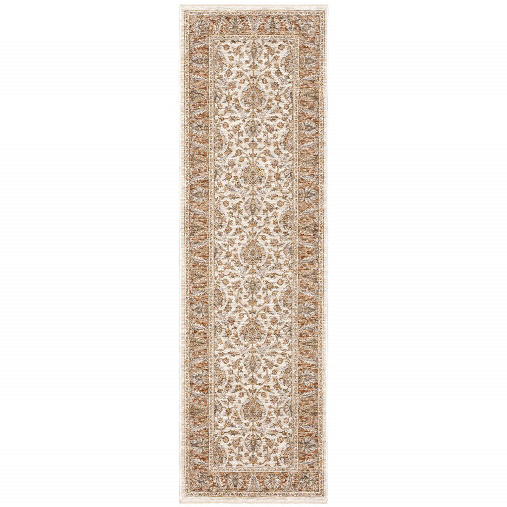 2 X 8 Rust And Ivory Oriental Power Loom Stain Resistant Runner Rug With Fringe Image 1