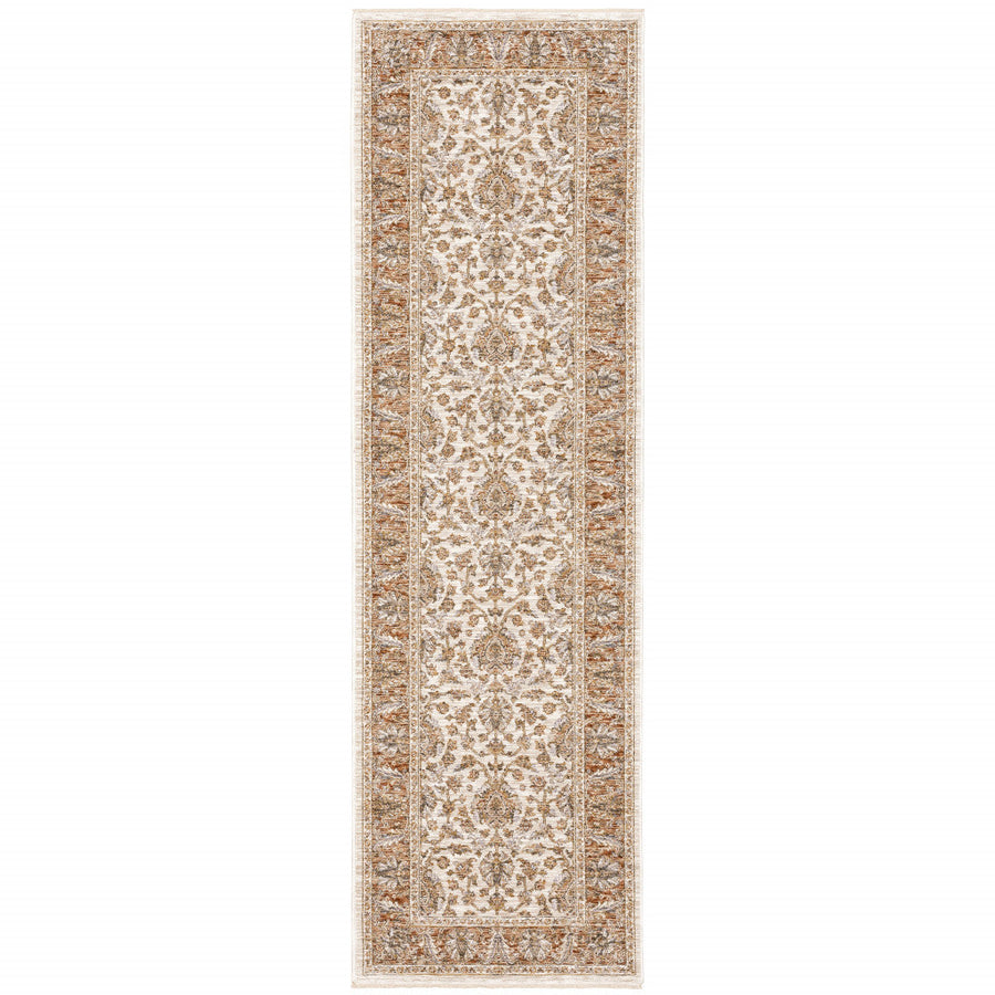 2 X 8 Rust And Ivory Oriental Power Loom Stain Resistant Runner Rug With Fringe Image 1