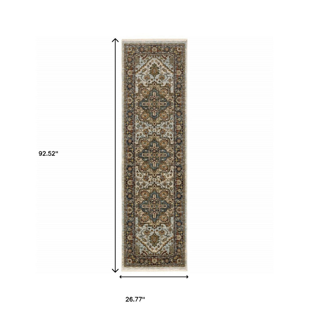 2 X 8 Ivory Beige Blue Orange Gold Green Grey And Rust Oriental Power Loom Stain Resistant Runner Rug With Fringe Image 10