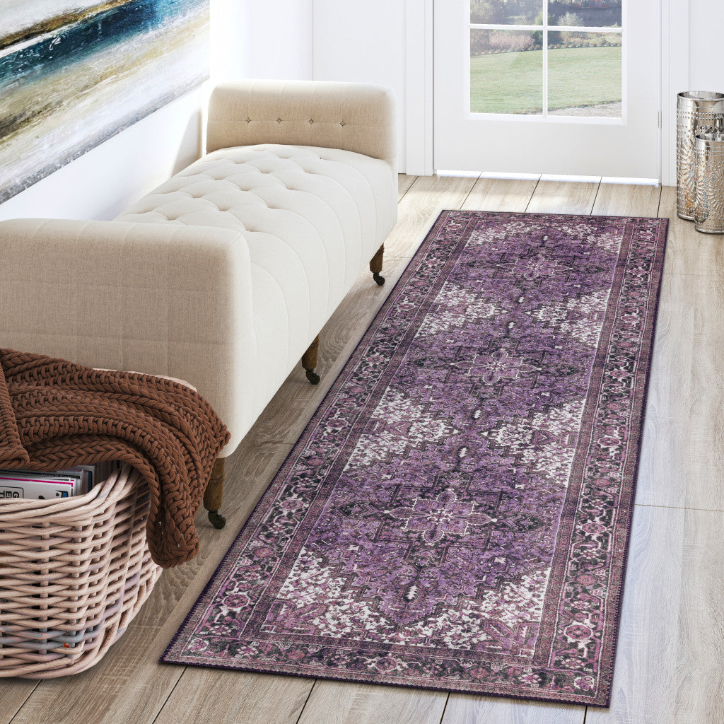 2 X 8 Purple Oriental Distressed Non Skid Runner Rug Image 2