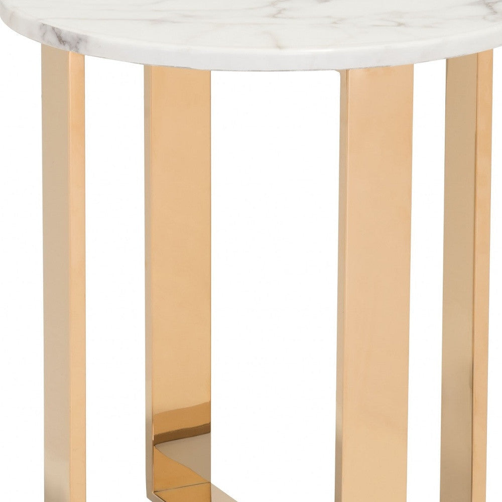 21" Gold And White Stone Round End Table Image 4