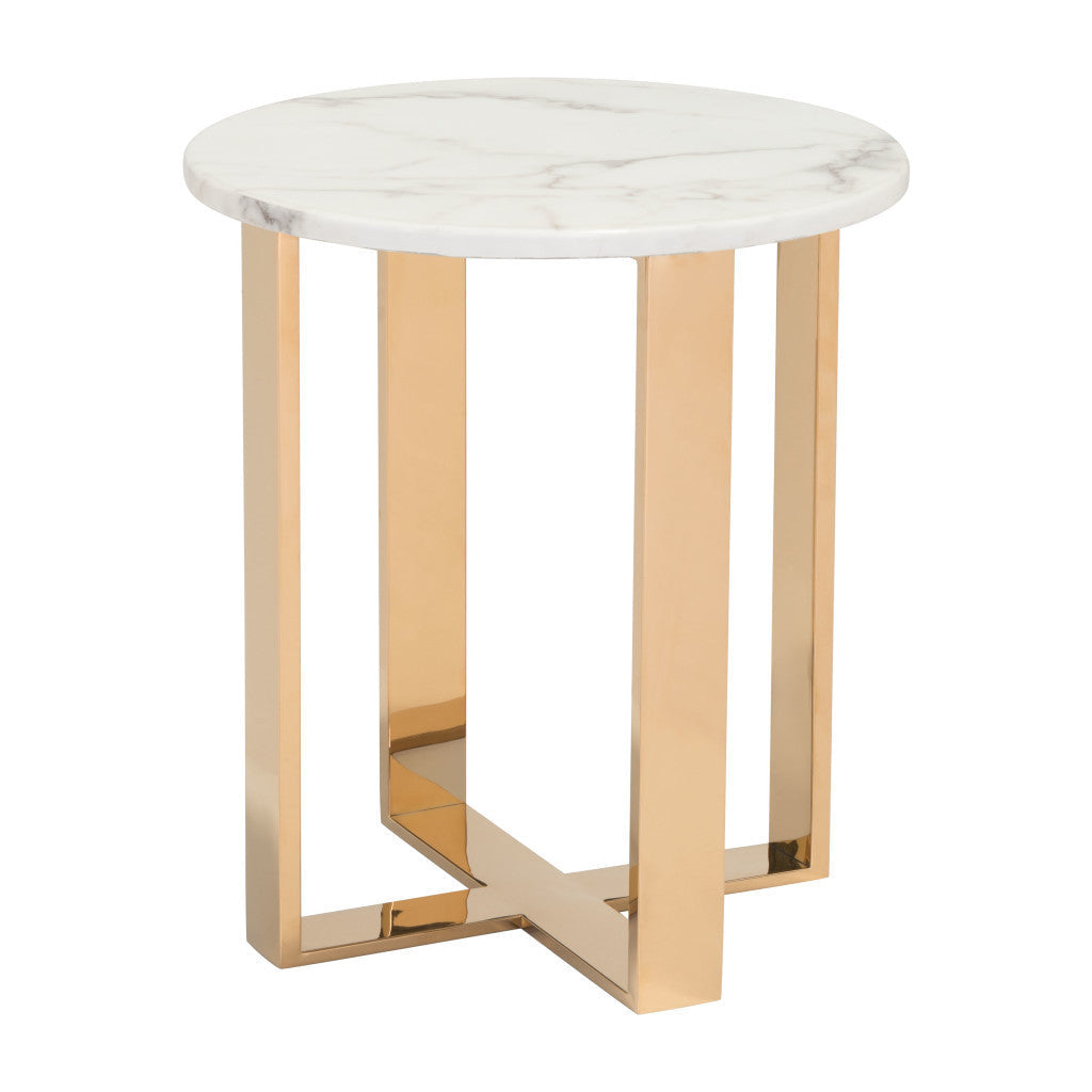 21" Gold And White Stone Round End Table Image 6