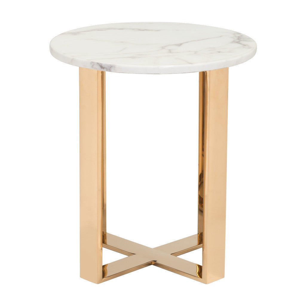 21" Gold And White Stone Round End Table Image 7