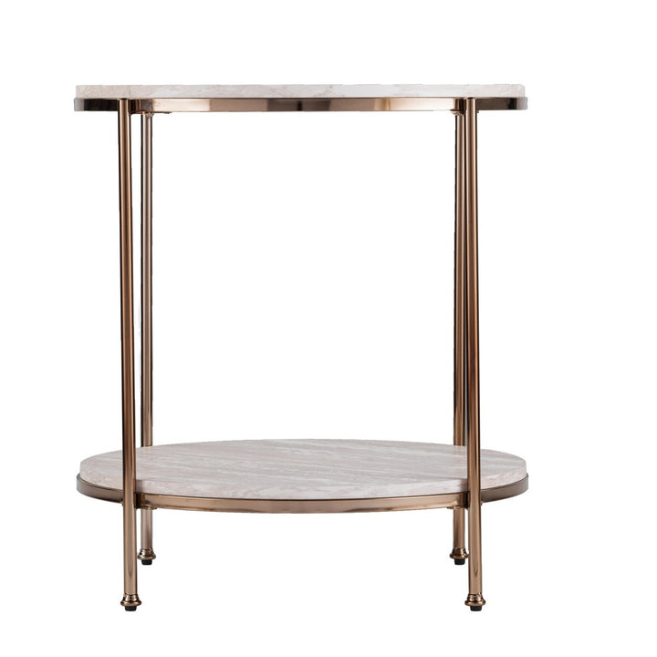 24" Champagne Faux Marble And Iron Round End Table With Shelf Image 1