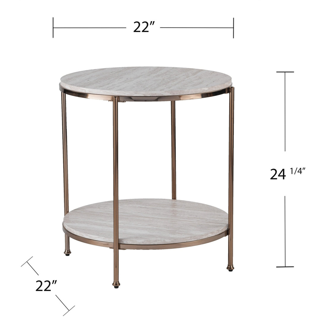 24" Champagne Faux Marble And Iron Round End Table With Shelf Image 2