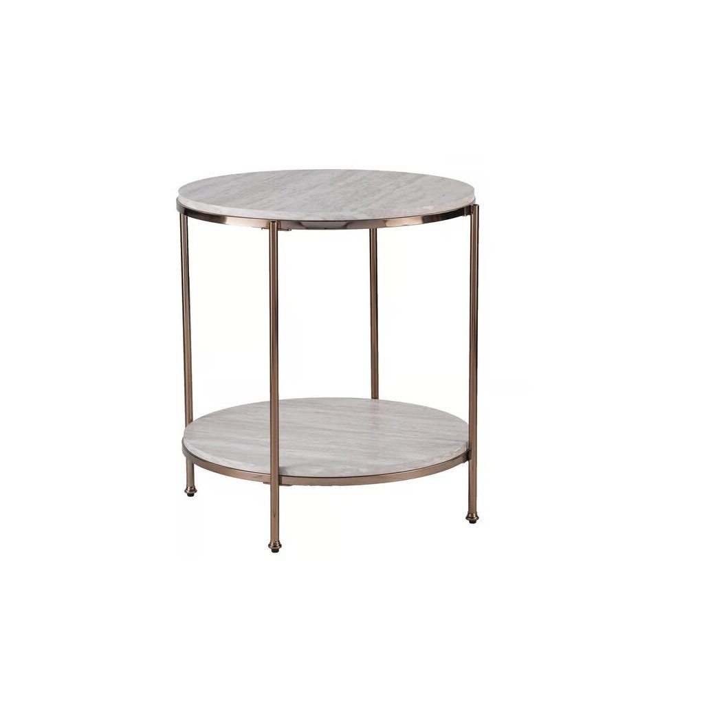 24" Champagne Faux Marble And Iron Round End Table With Shelf Image 6