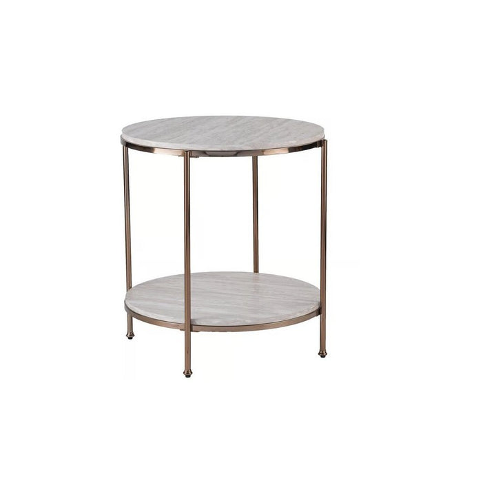 24" Champagne Faux Marble And Iron Round End Table With Shelf Image 6