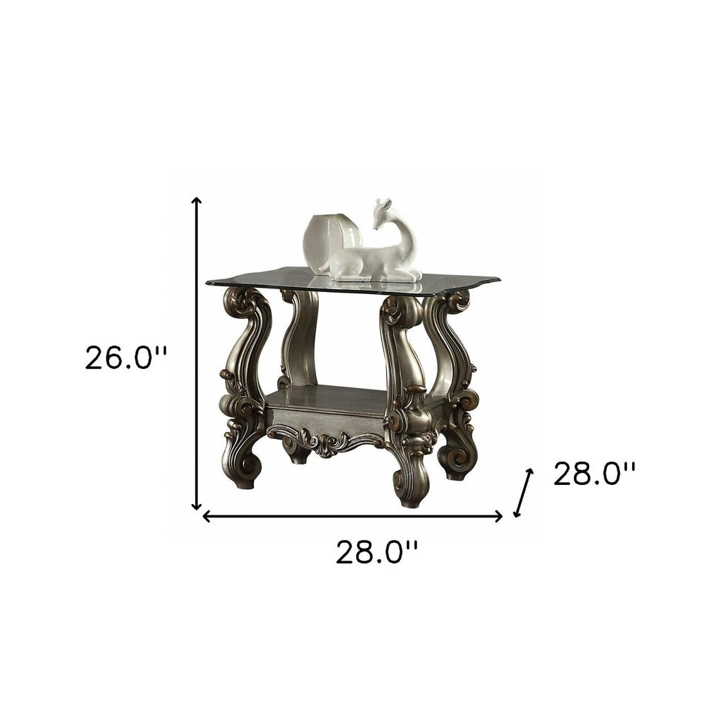 26" Antiqued Platinum Polyresin Scroll And Clear Glass Square End Table With Shelf Image 2