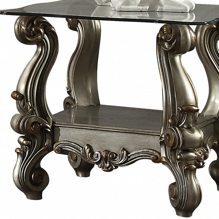 26" Antiqued Platinum Polyresin Scroll And Clear Glass Square End Table With Shelf Image 4