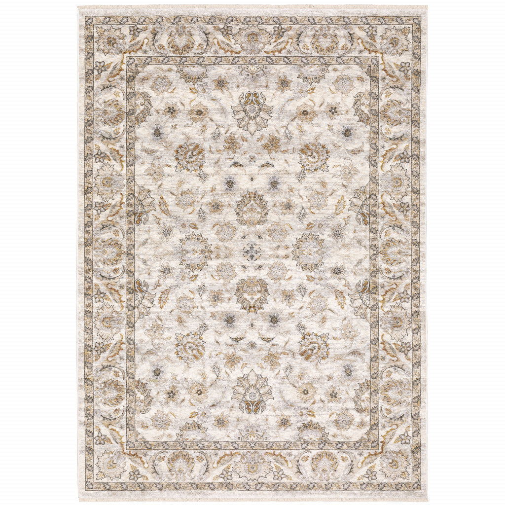 3 X 5 Ivory And Grey Oriental Power Loom Stain Resistant Area Rug With Fringe Image 1