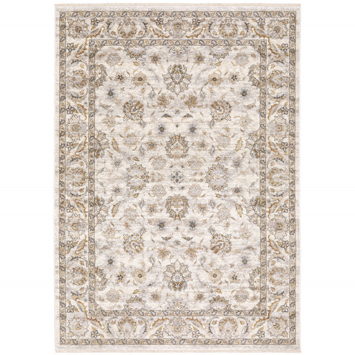 3 X 5 Ivory And Grey Oriental Power Loom Stain Resistant Area Rug With Fringe Image 1