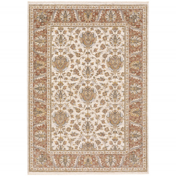 3 X 5 Rust And Ivory Oriental Power Loom Stain Resistant Area Rug With Fringe Image 1