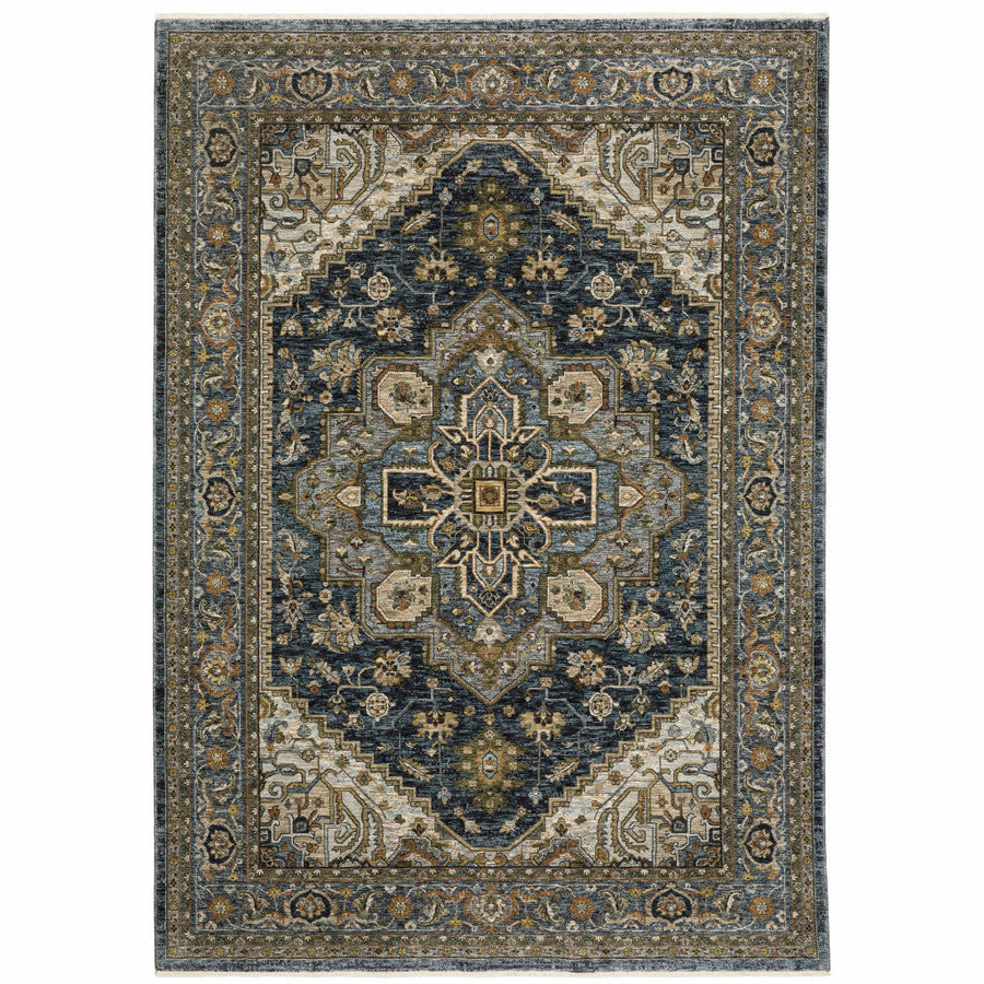 3 X 5 Blue And Green Oriental Power Loom Area Rug With Fringe Image 1