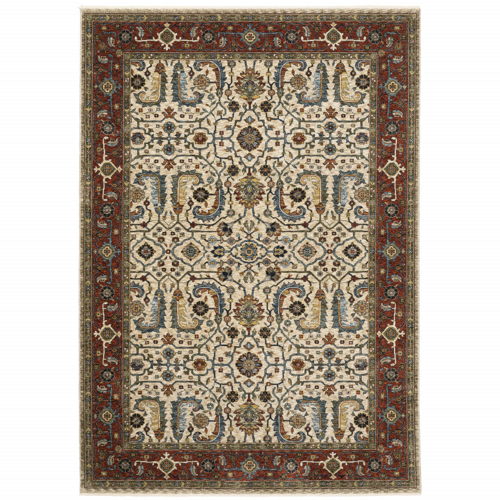 3 X 5 Ivory Red Green Grey Blue And Navy Oriental Power Loom Stain Resistant Area Rug With Fringe Image 1