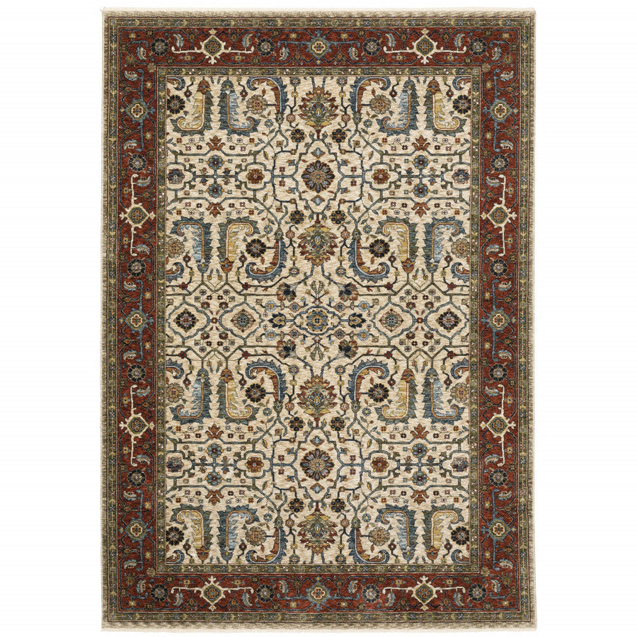 3 X 5 Ivory Red Green Grey Blue And Navy Oriental Power Loom Stain Resistant Area Rug With Fringe Image 1