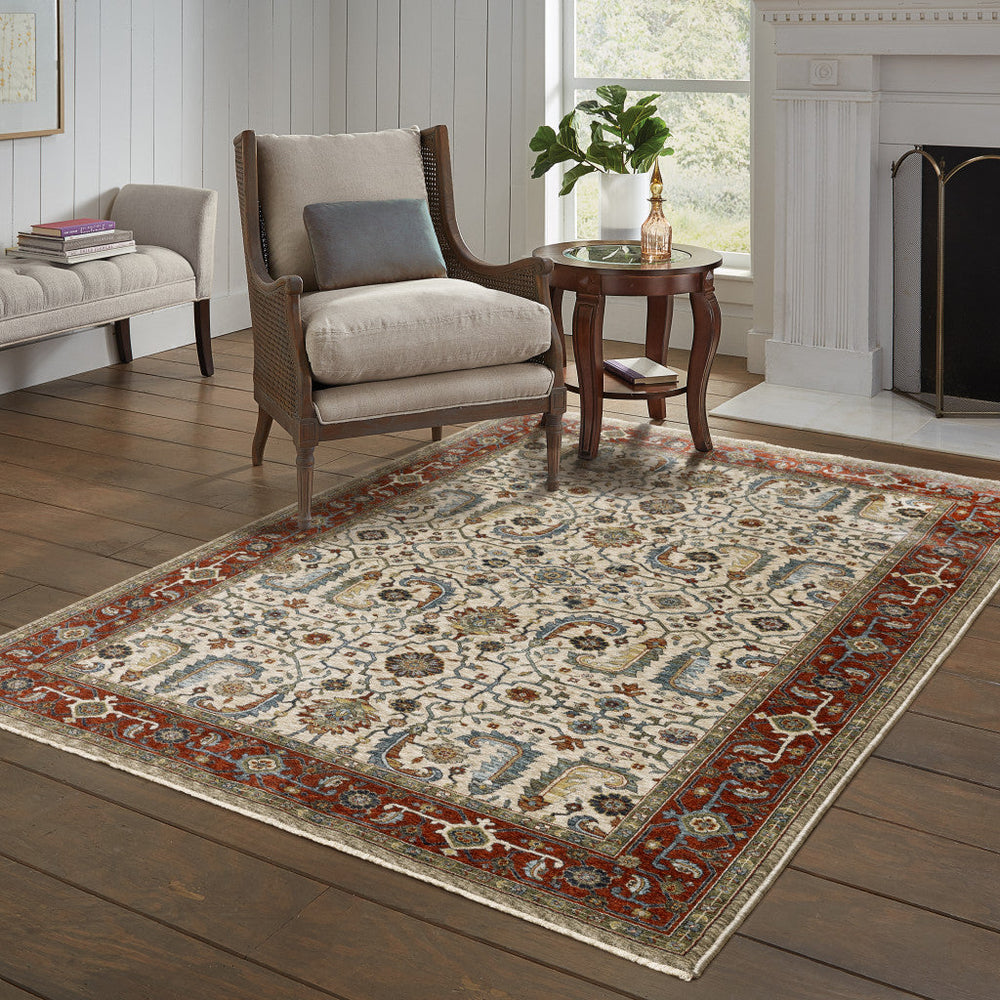 3 X 5 Ivory Red Green Grey Blue And Navy Oriental Power Loom Stain Resistant Area Rug With Fringe Image 2