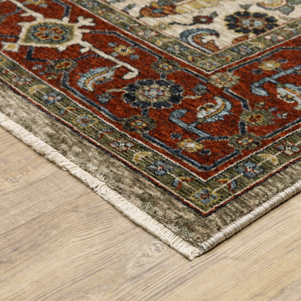 3 X 5 Ivory Red Green Grey Blue And Navy Oriental Power Loom Stain Resistant Area Rug With Fringe Image 3