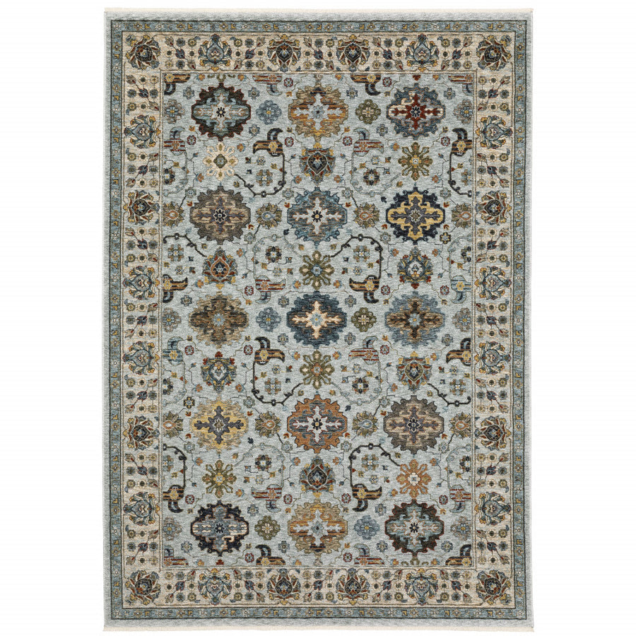 3 X 5 Blue Beige Grey Green Yellow And Rust Oriental Power Loom Stain Resistant Area Rug With Fringe Image 1