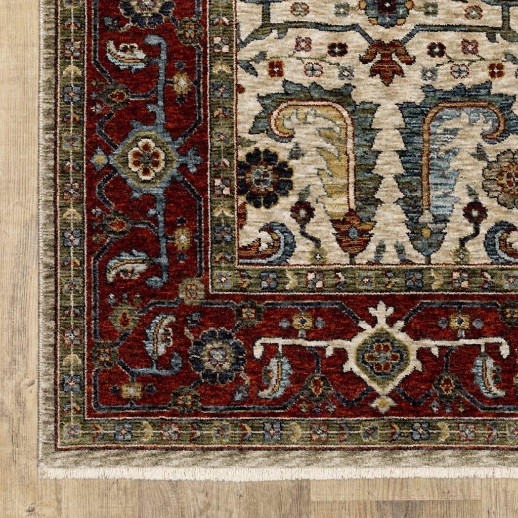 3 X 5 Ivory Red Green Grey Blue And Navy Oriental Power Loom Stain Resistant Area Rug With Fringe Image 9