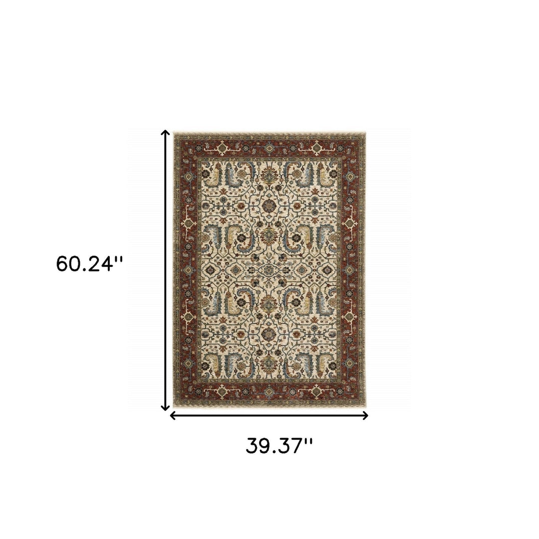 3 X 5 Ivory Red Green Grey Blue And Navy Oriental Power Loom Stain Resistant Area Rug With Fringe Image 11