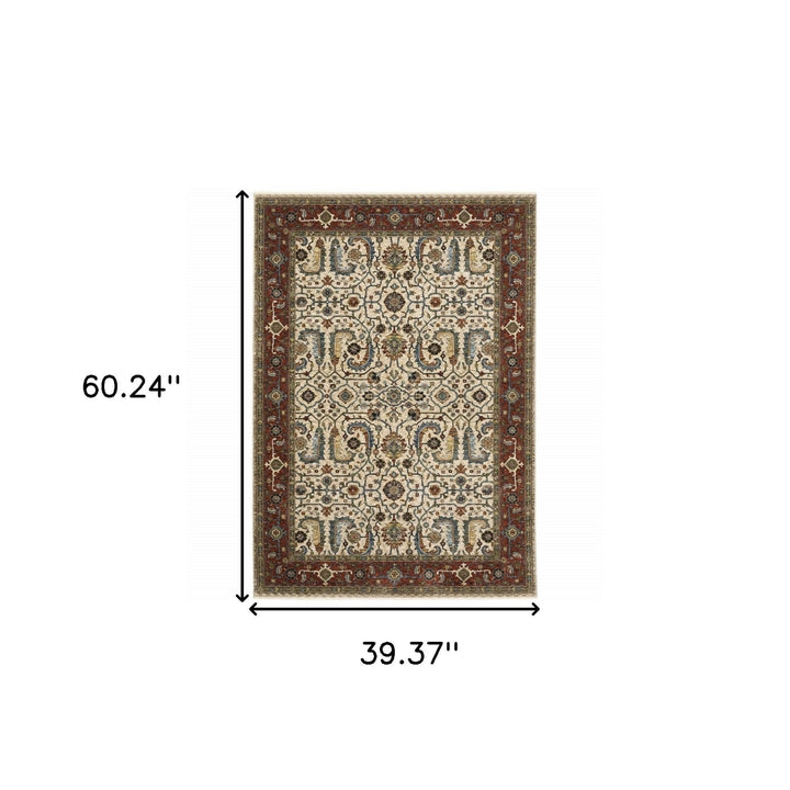 3 X 5 Ivory Red Green Grey Blue And Navy Oriental Power Loom Stain Resistant Area Rug With Fringe Image 11