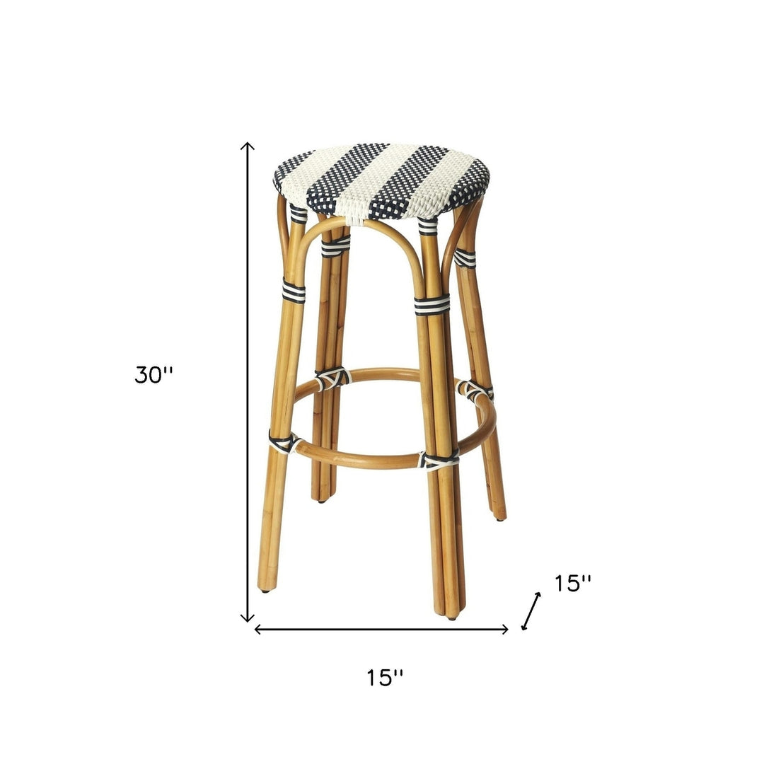 30" Blue White And Natural Rattan Backless Bar Height Bar Chair Image 6