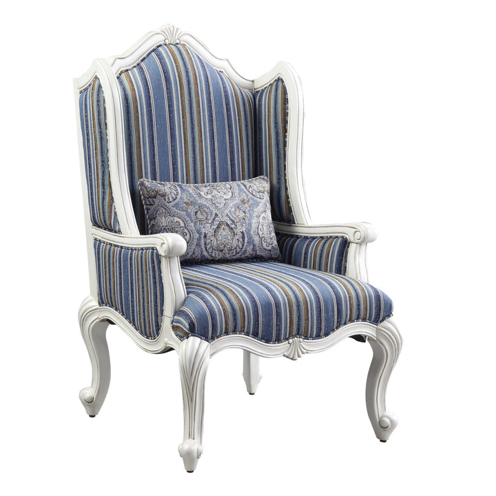 31" Blue White And Brown Fabric And White Striped Wingback Chair Image 1