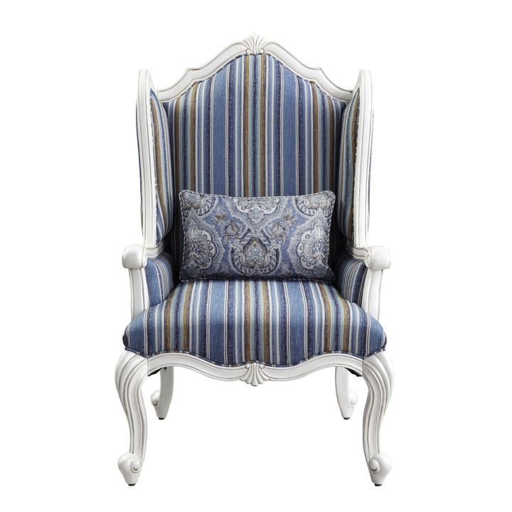 31" Blue White And Brown Fabric And White Striped Wingback Chair Image 2