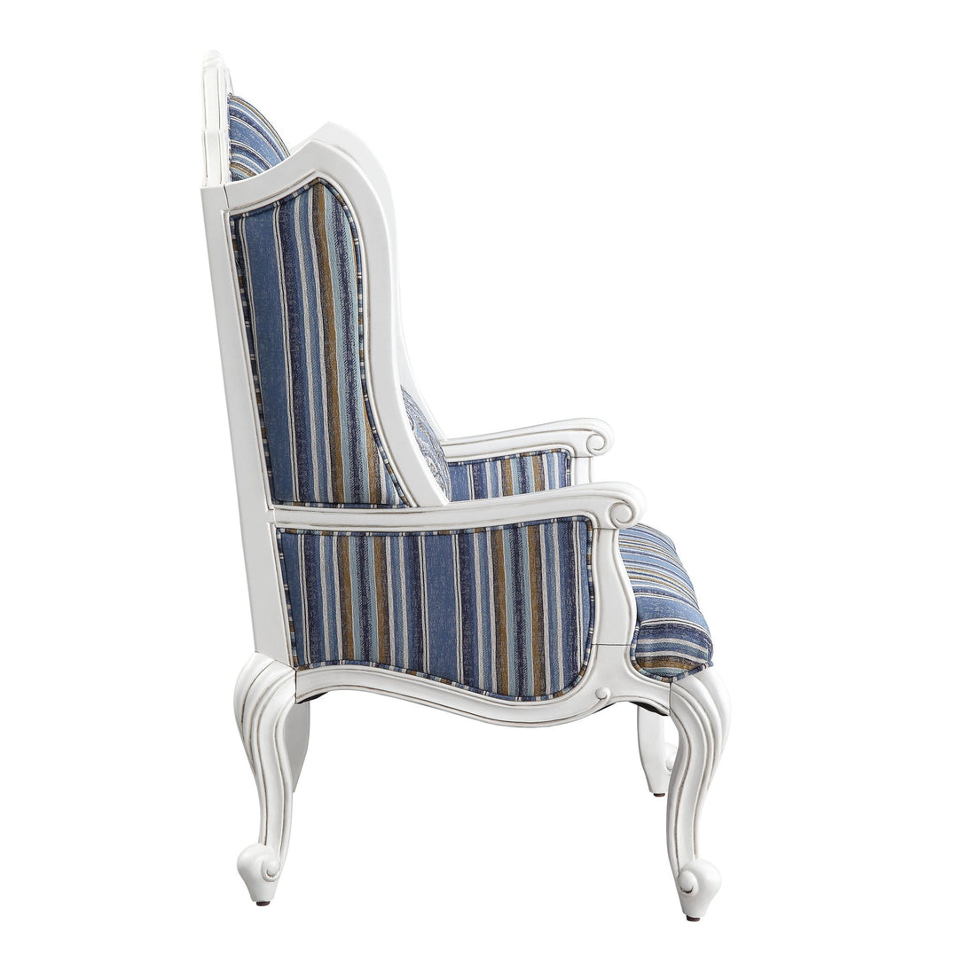 31" Blue White And Brown Fabric And White Striped Wingback Chair Image 3