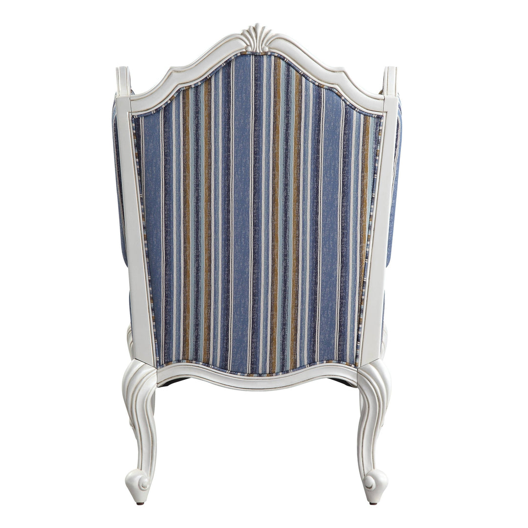 31" Blue White And Brown Fabric And White Striped Wingback Chair Image 4