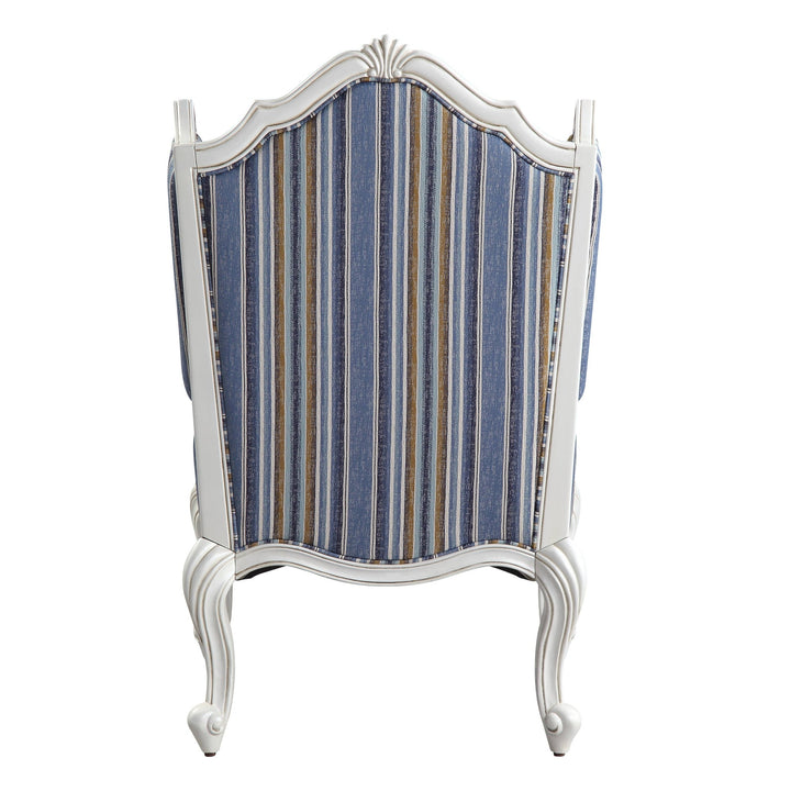 31" Blue White And Brown Fabric And White Striped Wingback Chair Image 4