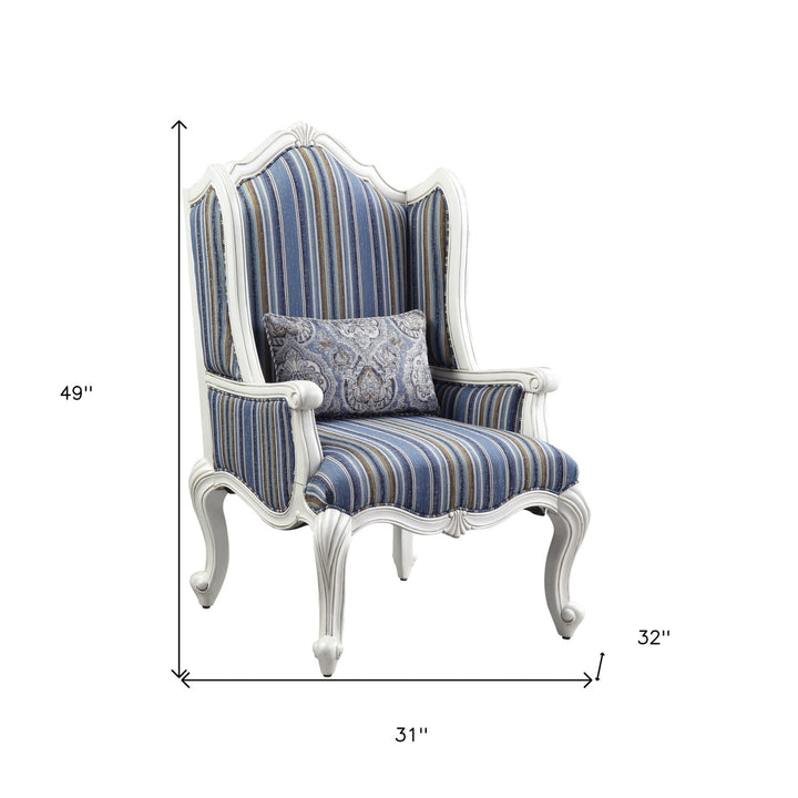 31" Blue White And Brown Fabric And White Striped Wingback Chair Image 7