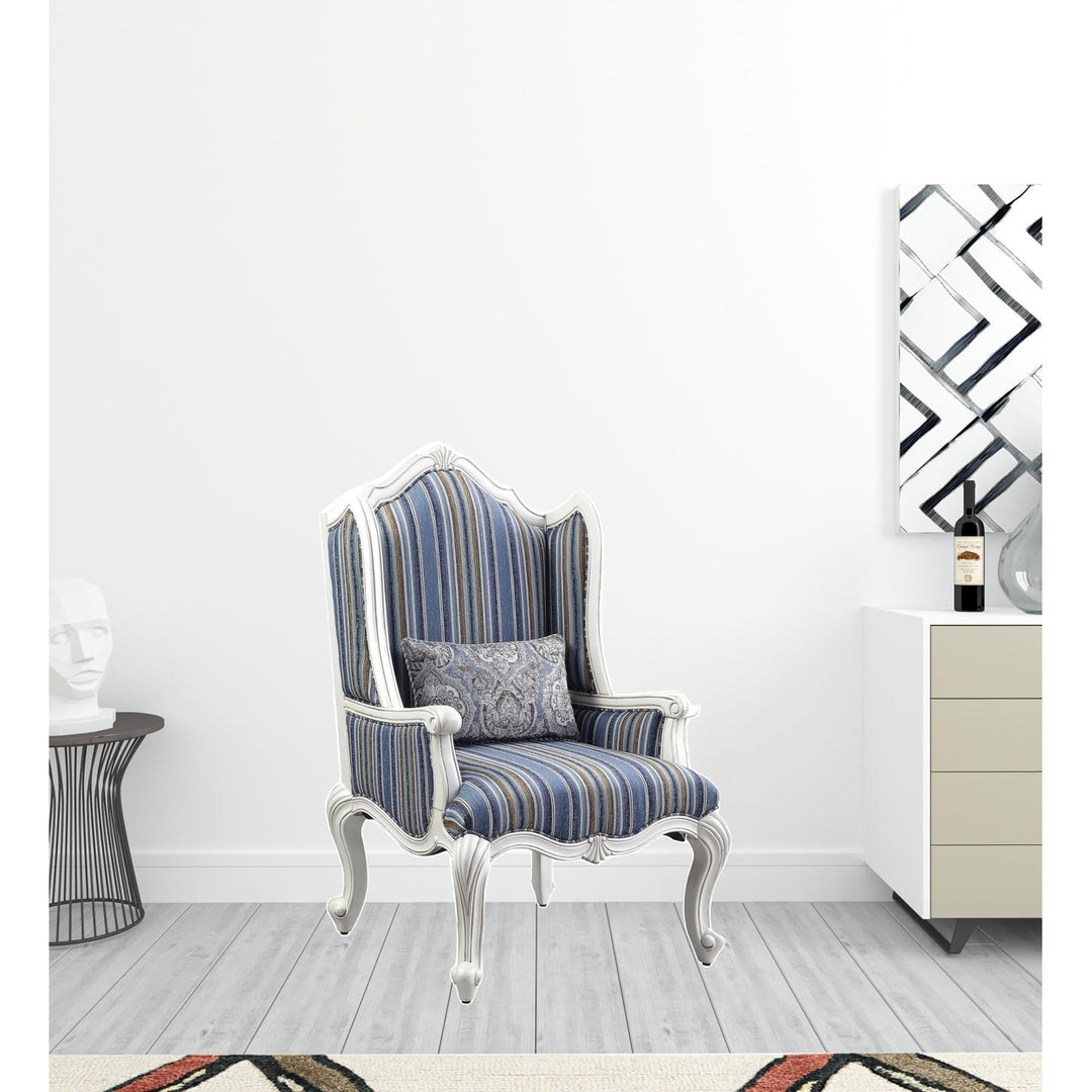 31" Blue White And Brown Fabric And White Striped Wingback Chair Image 8