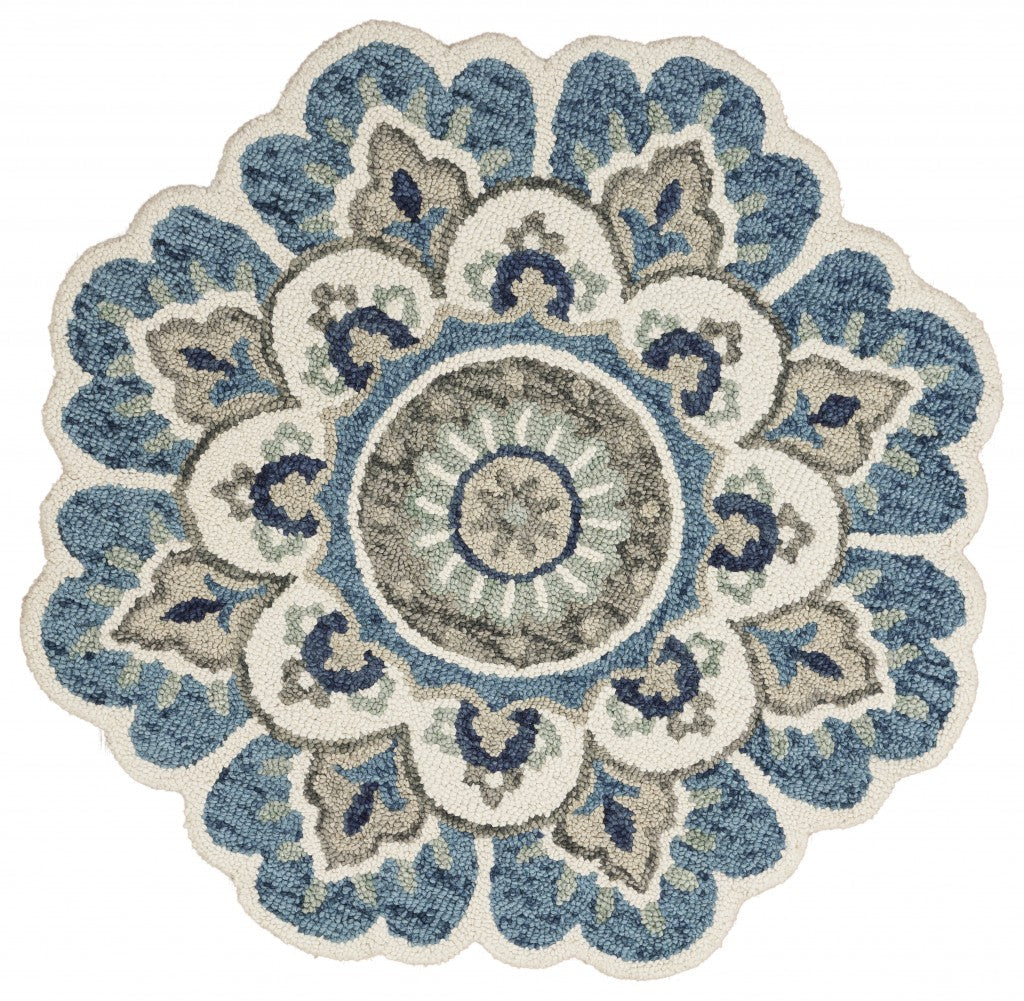 4 Blue and Cream Round Wool Floral Medallion Hand Tufted Area Rug Image 1