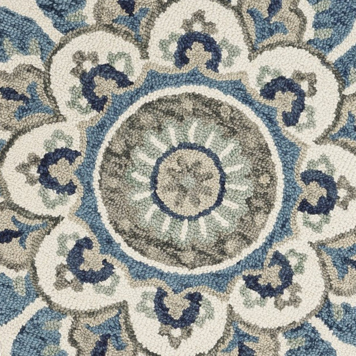 4 Blue and Cream Round Wool Floral Medallion Hand Tufted Area Rug Image 3