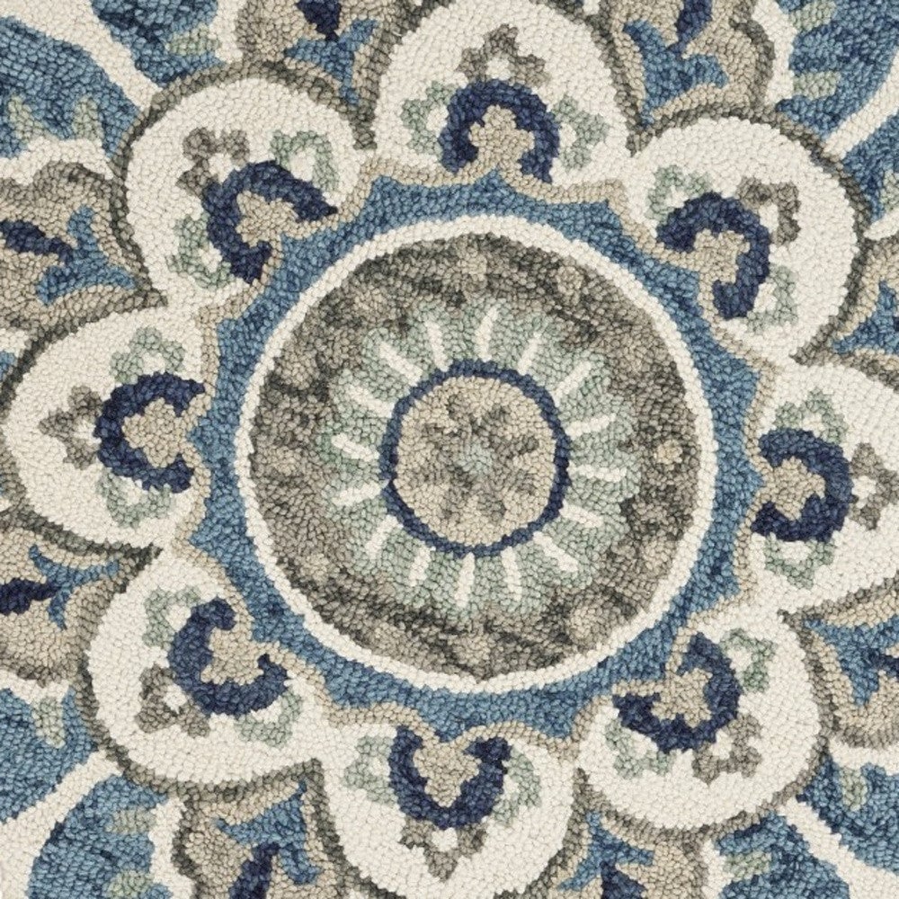 4 Blue and Cream Round Wool Floral Medallion Hand Tufted Area Rug Image 1