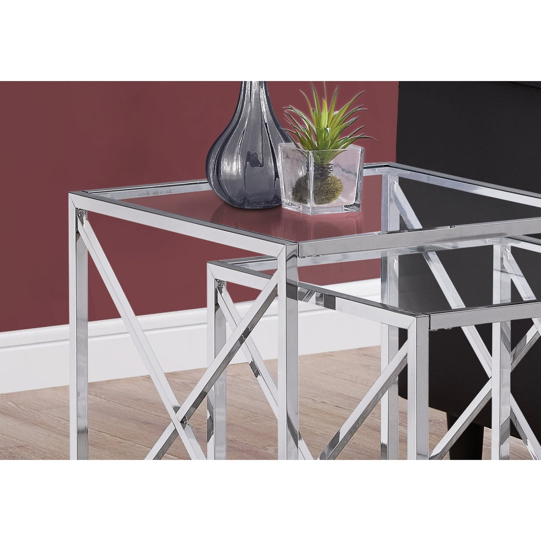 38" Chrome Metal And Tempered Glass Two Pieces Nesting Table Set Image 3