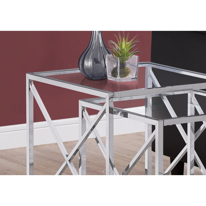 38" Chrome Metal And Tempered Glass Two Pieces Nesting Table Set Image 3