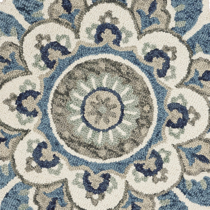 4 Blue and Cream Round Wool Floral Medallion Hand Tufted Area Rug Image 4