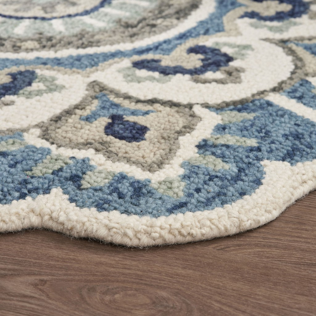 4 Blue and Cream Round Wool Floral Medallion Hand Tufted Area Rug Image 5