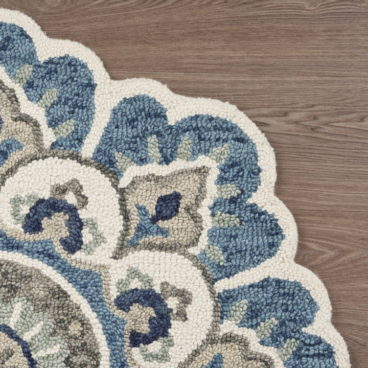 4 Blue and Cream Round Wool Floral Medallion Hand Tufted Area Rug Image 8