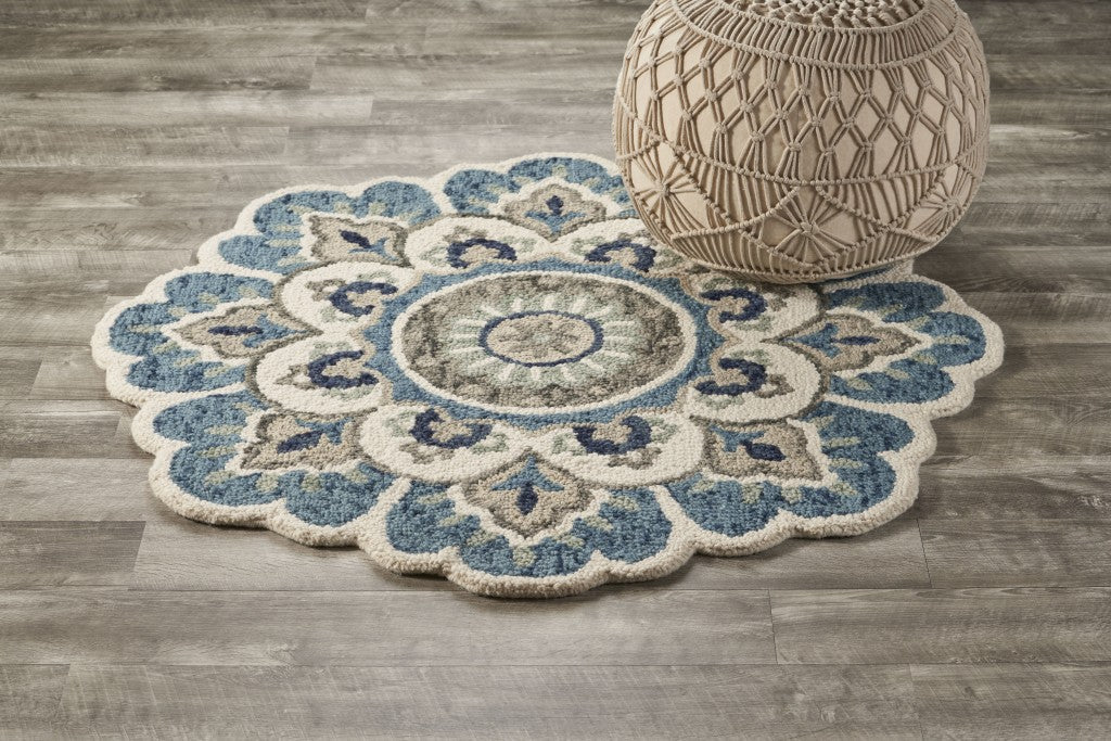 4 Blue and Cream Round Wool Floral Medallion Hand Tufted Area Rug Image 9