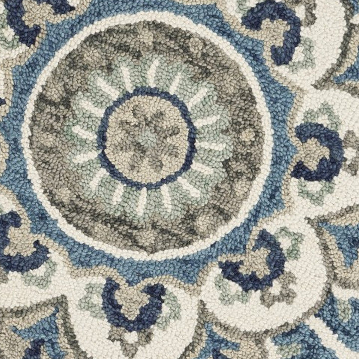 4 Blue and Cream Round Wool Floral Medallion Hand Tufted Area Rug Image 11